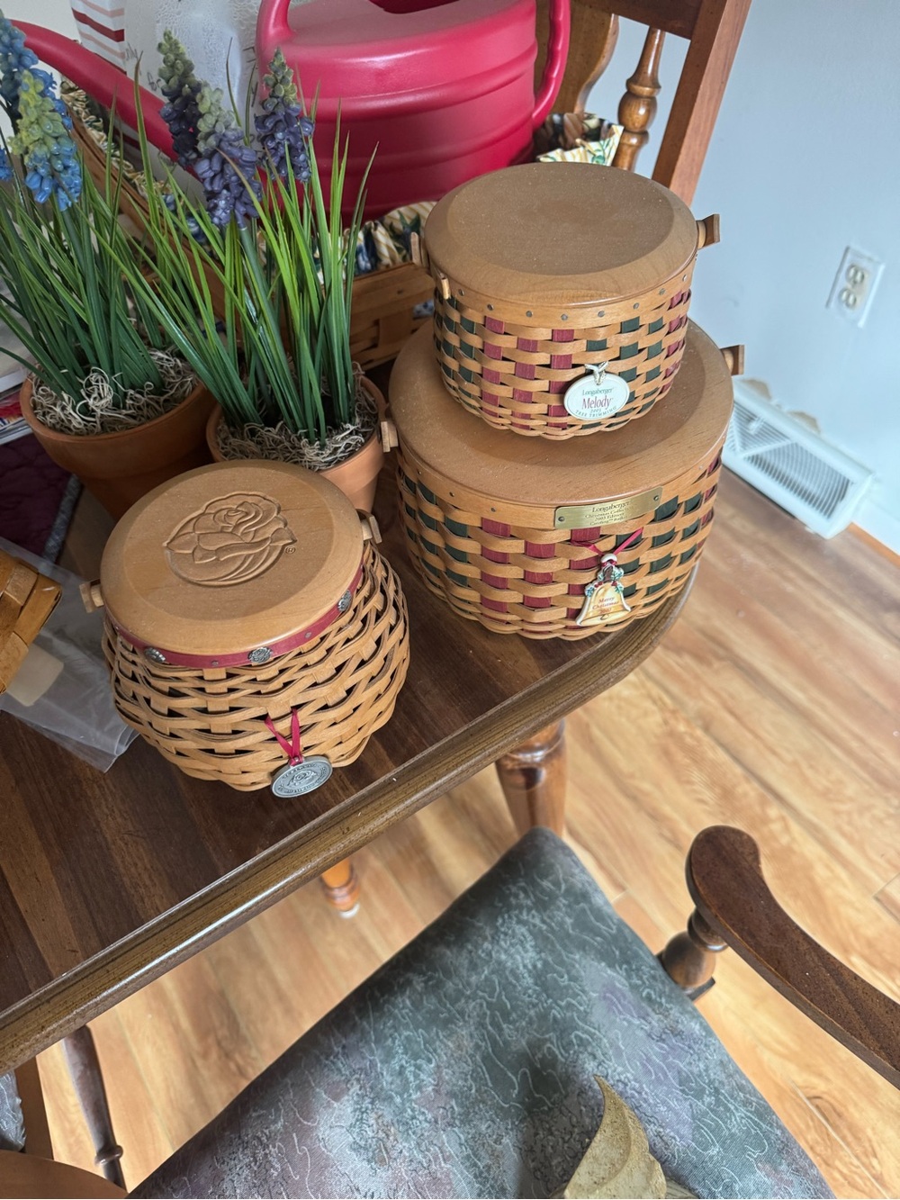 Longaberger Natural Brown and Burgundy Woven Canister Trio